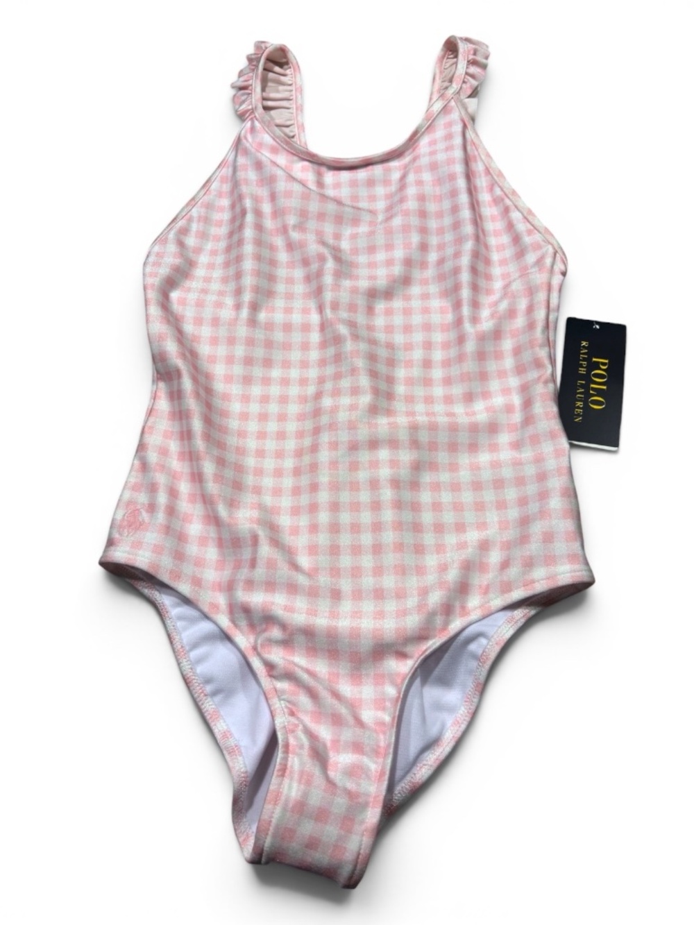 Polo Ralph Lauren Girls Pink Gingham Ruffle Strap One Piece Swimsuit Size 10 NWT